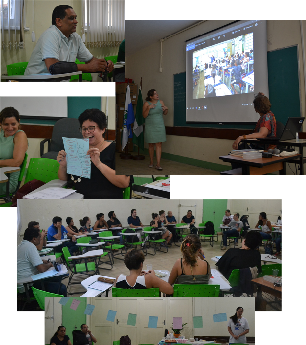 À tarde, as professoras Vânia e Naíse conduzem uma dinâmica de discussão sobre os currículos e as propostas curriculares, partindo de imagens de escolas do Brasil, e os(as) participantes realizam o “Varal de Reconhecimento e Memória”. 